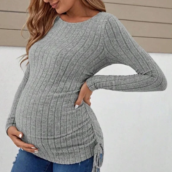 Maternity Ruched Side Ribbed Long Sleeve Top - Picture 5 of 15